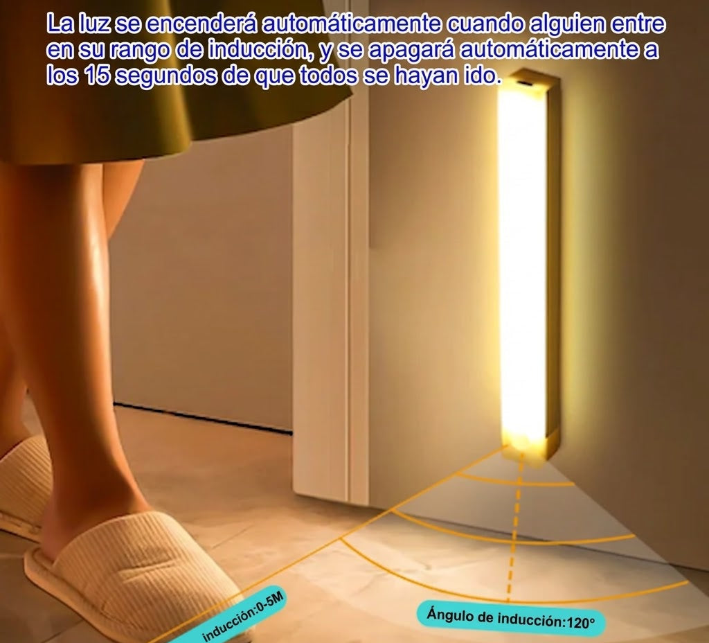Luz LED adhesiva con sensor de movimiento en pasillo, ilumina al detectar presencia, moderno hogar